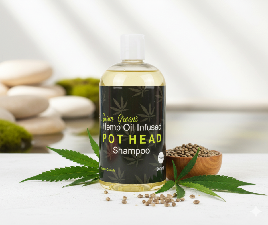 Bottle of Hemp Oil Infused Pot Head Shampoo with cannabis leaves and seeds on a blurred natural background