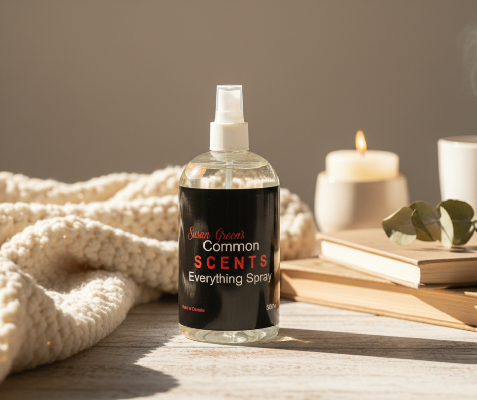 Bottle of 'Common Scents' spray on a wooden surface with candles and a blanket in the background