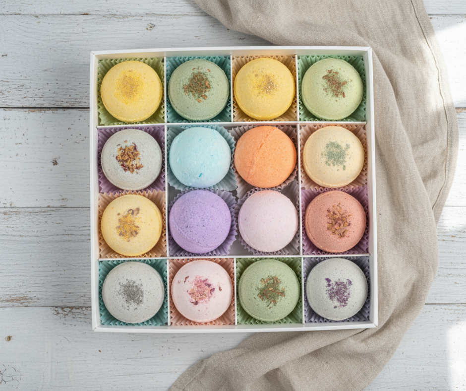 Box of colorful bath bombs on a wooden surface with a beige cloth.