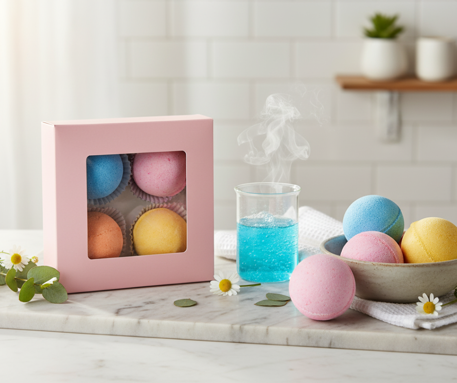 Pastel-colored bath bombs in a pink box on a marble countertop with a glass of blue liquid.