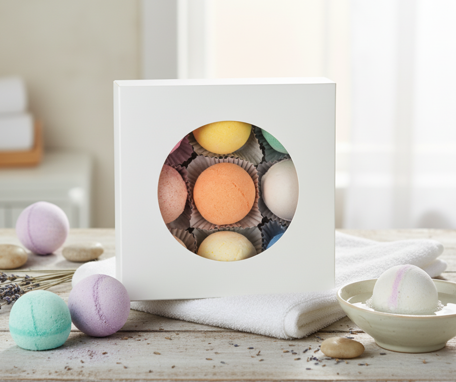 Box of colorful bath bombs on a wooden surface with a towel and stones.