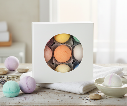 Box of colorful bath bombs on a wooden surface with a towel and stones.