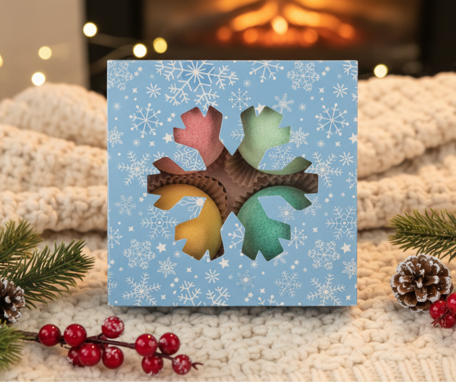 Decorative box with bath bombs inside on a festive background with lights and pine branches.