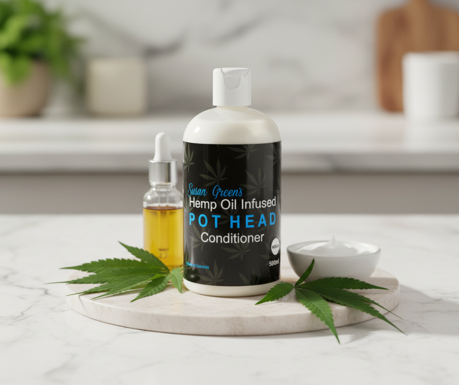 Bottle of 'Pot Head' conditioner with cannabis leaves on a marble surface
