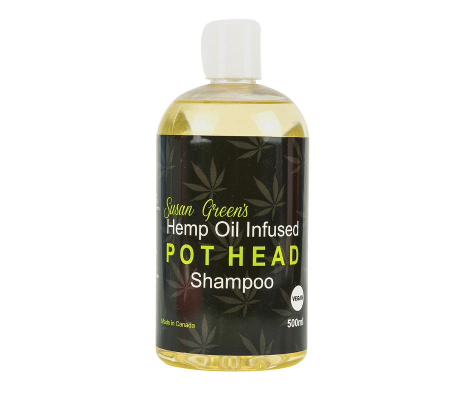 Bottle of Susan Green's Hemp Oil Infused Pot Head Shampoo on a white background