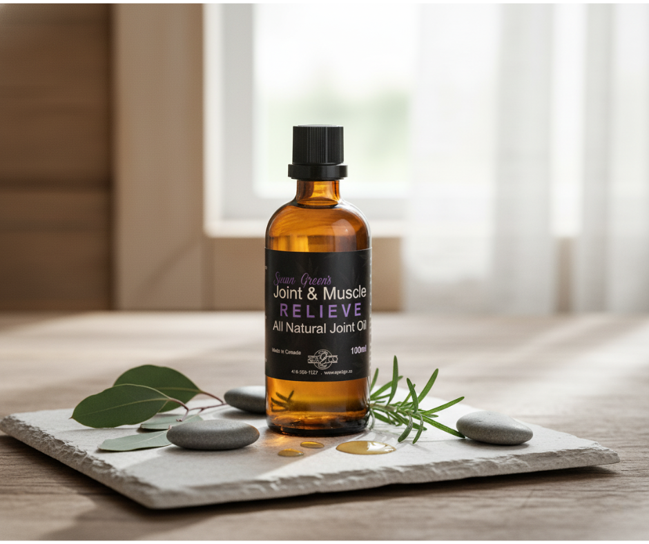Bottle of 'Joint & Muscle Relieve' all-natural joint oil on a stone tray with leaves and stones.