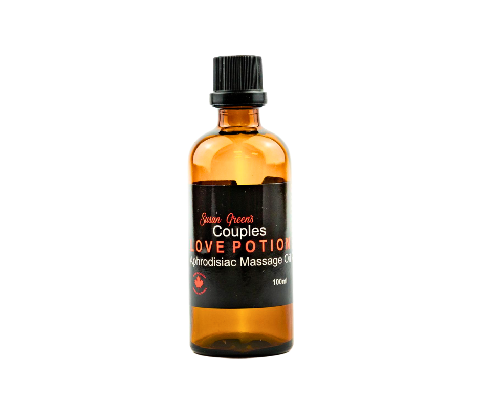 Bottle of 'Couples Love Potion' massage oil on a white background