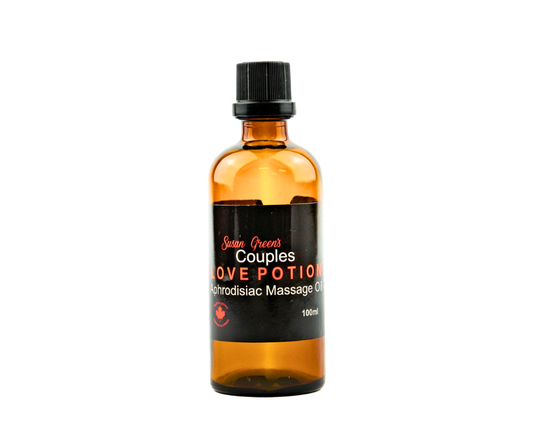 Bottle of 'Couples Love Potion' massage oil on a white background