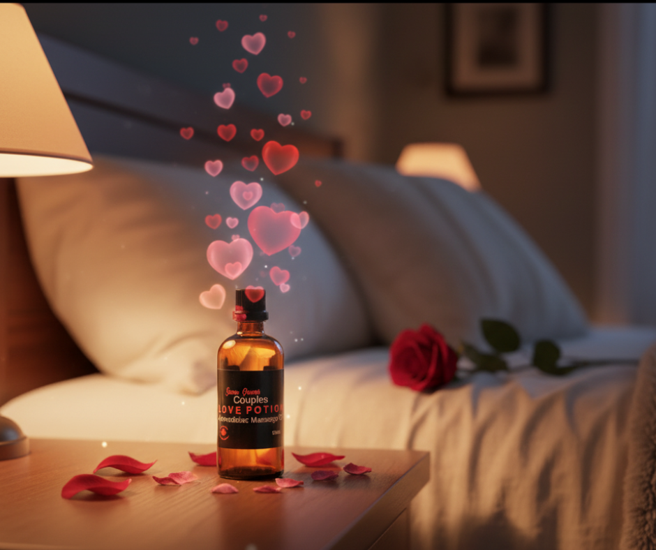 Bottle of body oil with heart-shaped bubbles on a bedside table next to a rose.