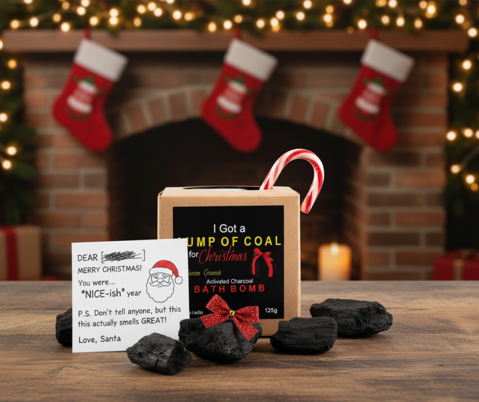 Christmas-themed bath bomb with a card and candy cane against a festive background with stockings and lights.