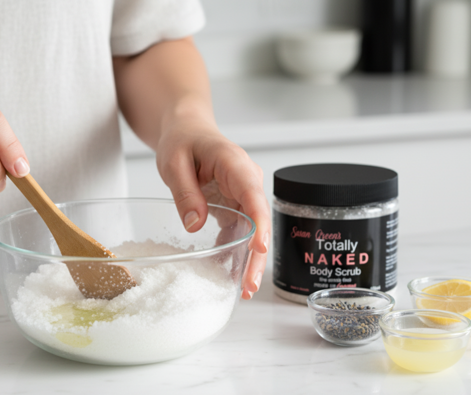 Person mixing ingredients in a bowl with a jar of 'Totally Naked Body Scrub' in the background.
