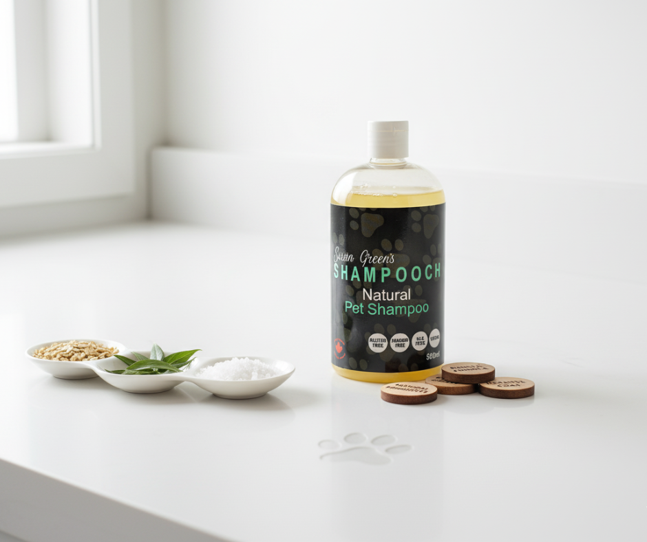 Bottle of Green Greens Natural Pet Shampoo on a white surface with ingredients in the background.